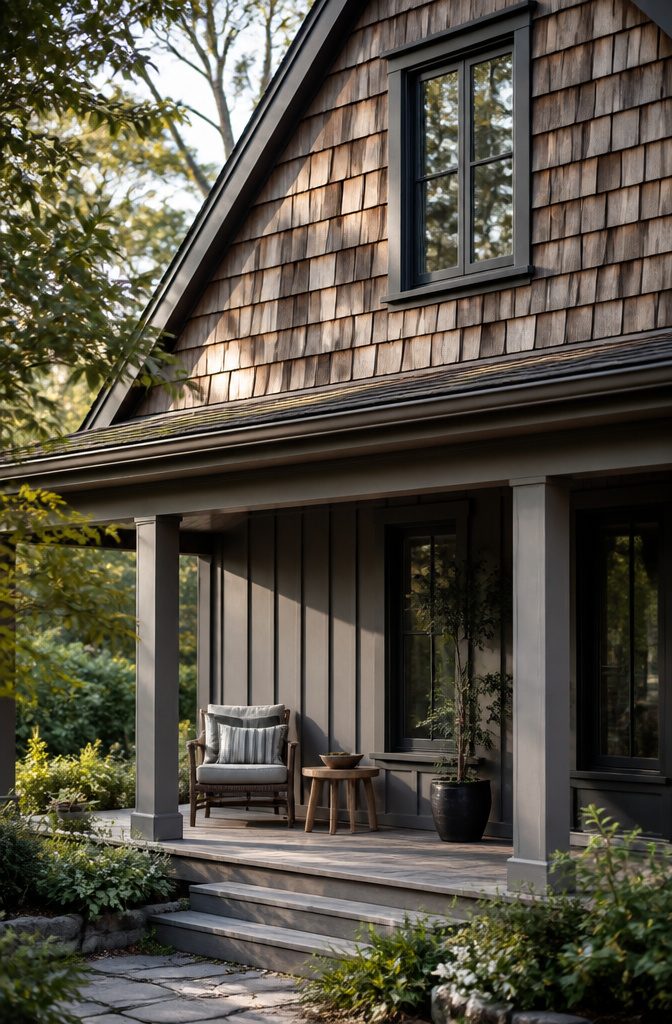 Cedar shake panels contrasting with smooth painted Hardie board on a porch.