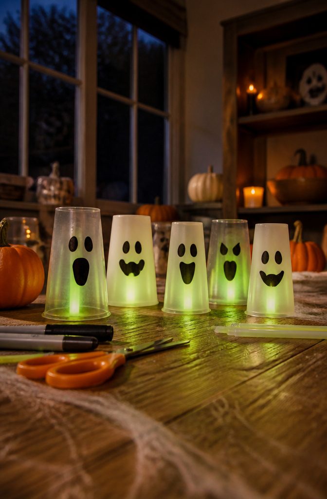 Plastic cups with glow sticks inside, designed as ghost figures.