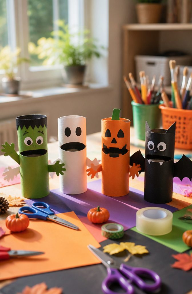 Homemade puppets crafted from cardboard tubes and construction paper.