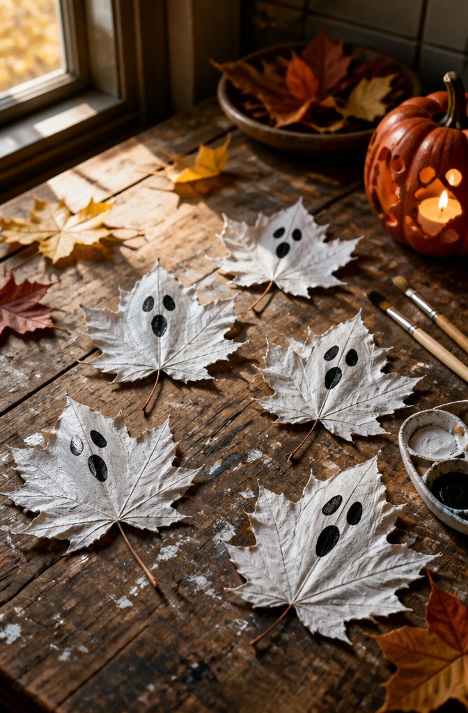 Maple and sycamore leaves painted white and drawn on with black markers.
