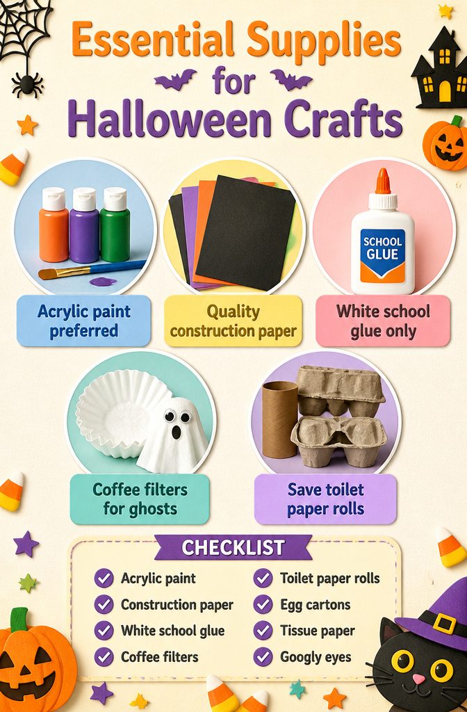 An assortment of craft supplies like paints and construction paper.