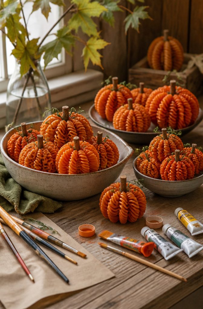 Painted wheel and spiral pasta shaped like pumpkins on a table.