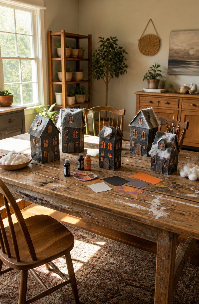 Painted lunch bags shaped into haunted houses with cotton ball decorations.