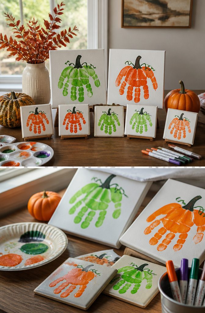 Orange handprints arranged to resemble pumpkins on a canvas.