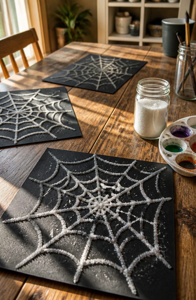 Spiderweb patterns made with salt and watercolor on black paper.