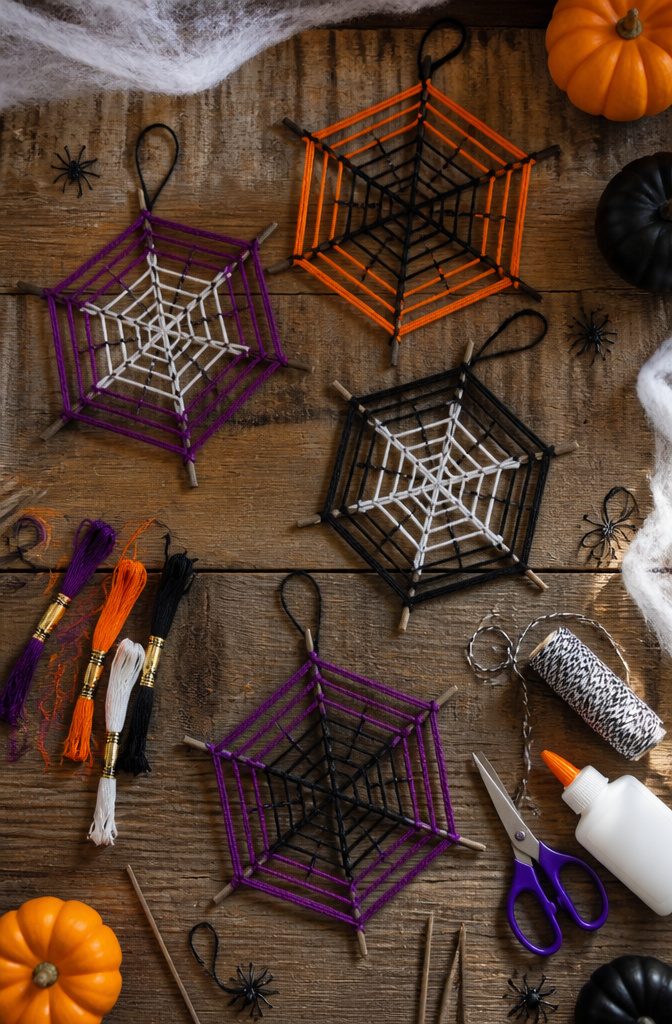 Spider webs made from string stretched across a cardboard ring.