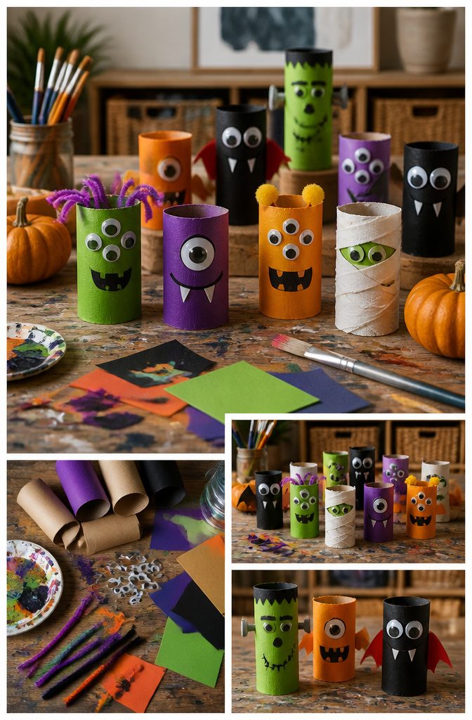 Monsters made from painted toilet paper rolls with googly eyes.