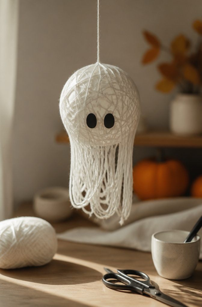 Yarn wrapped around a balloon to create ghost figures.