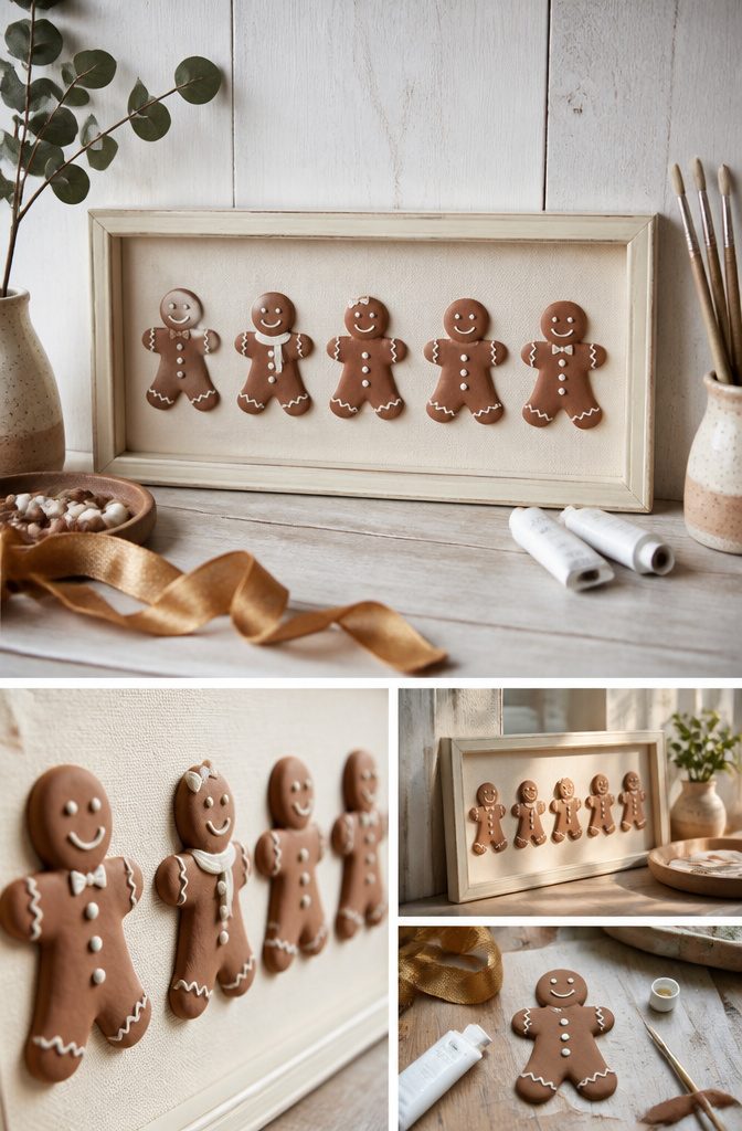 A reverse canvas with gingerbread men made from air-dry clay attached.