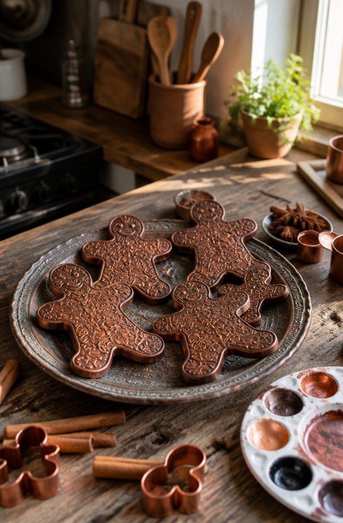 Gingerbread man shapes cut from embossed metal tiles displayed on a platter.