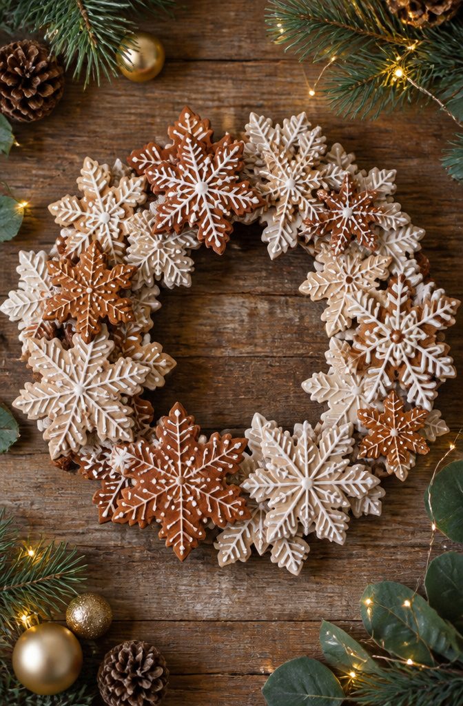 A grapevine wreath with wooden snowflakes painted in gingerbread colors.