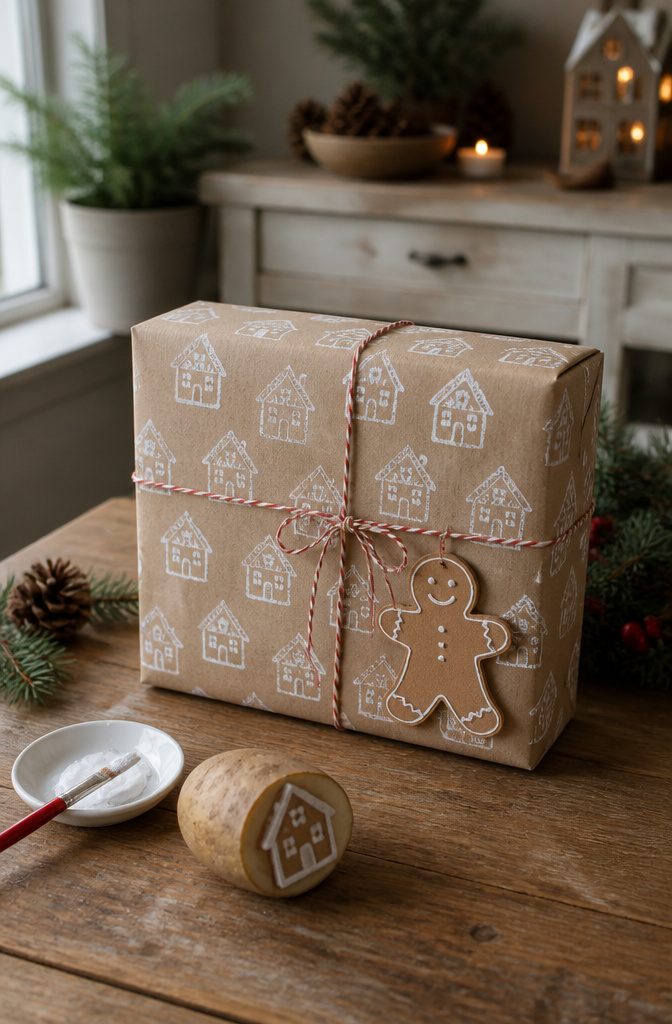A wrapped gift with gingerbread-themed paper and a gingerbread man tag.