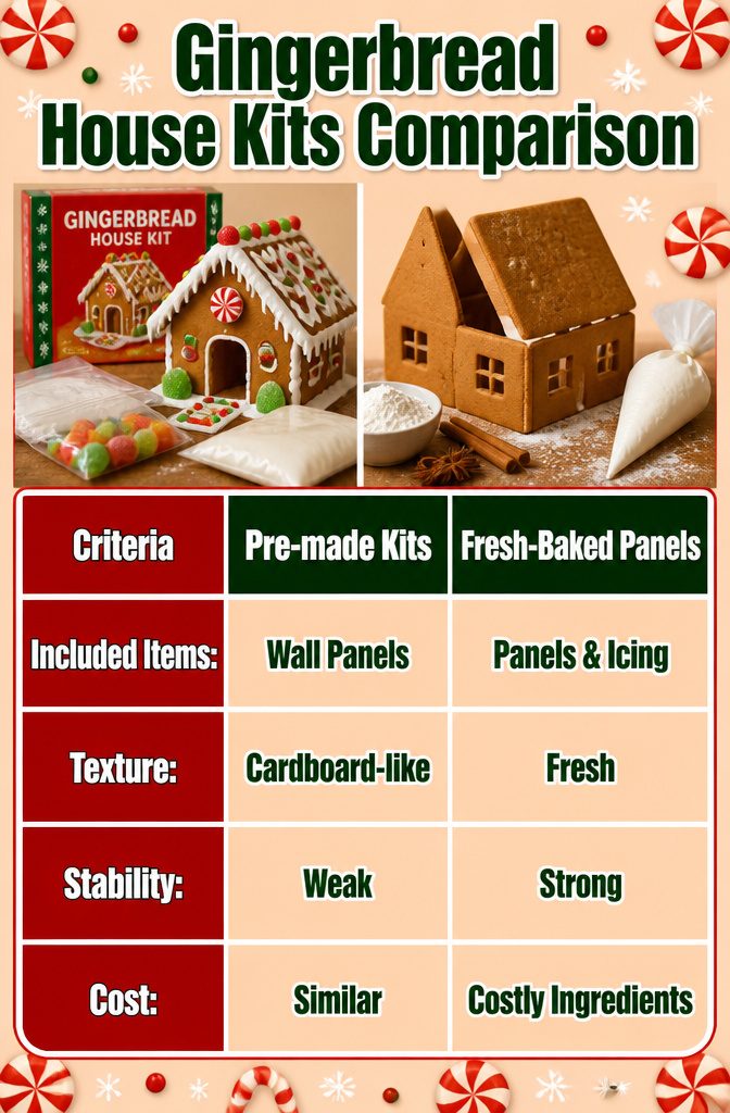A comparison of different gingerbread house kits and their components.