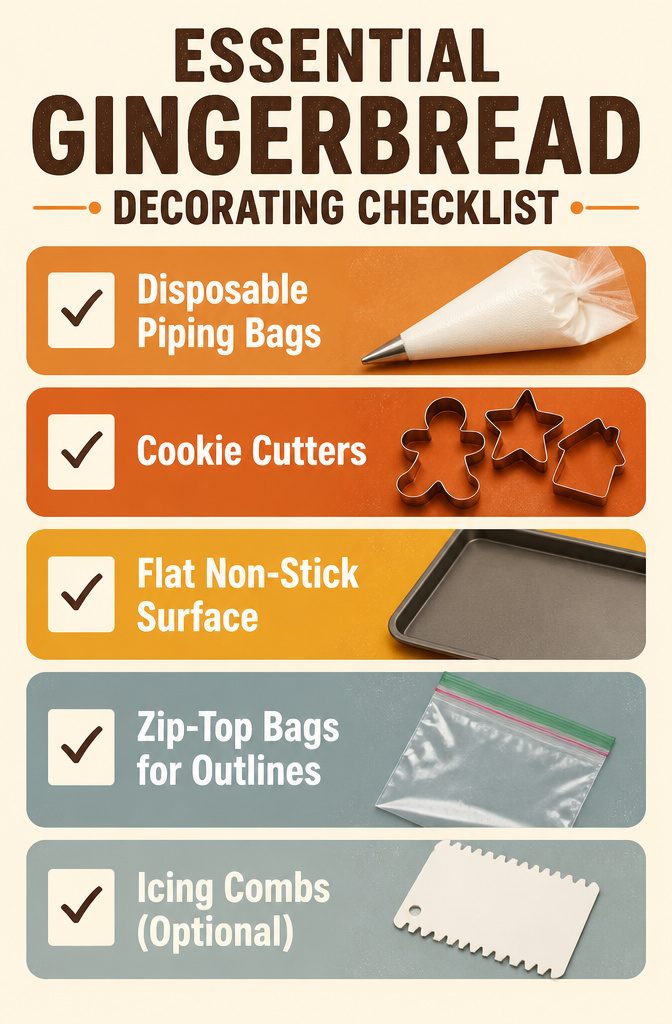A checklist of tools for decorating gingerbread houses.