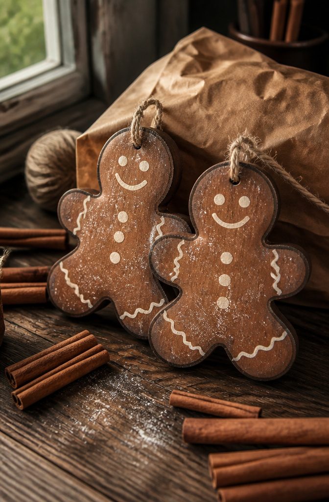 Two painted plywood gingerbread men on a weathered wooden surface.