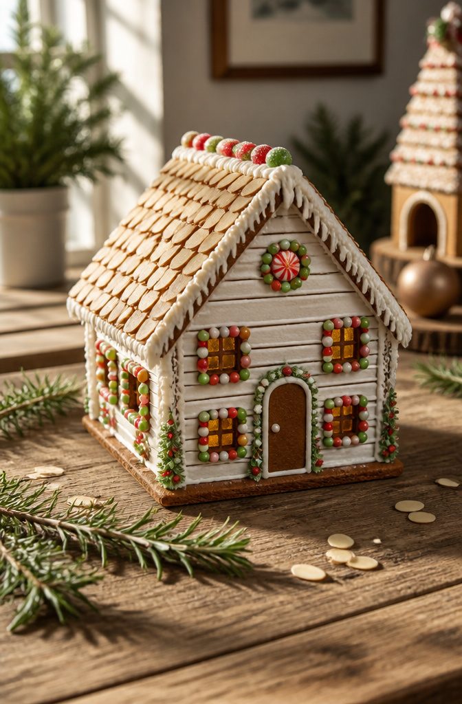 A gingerbread cottage painted white with colorful candy decorations.