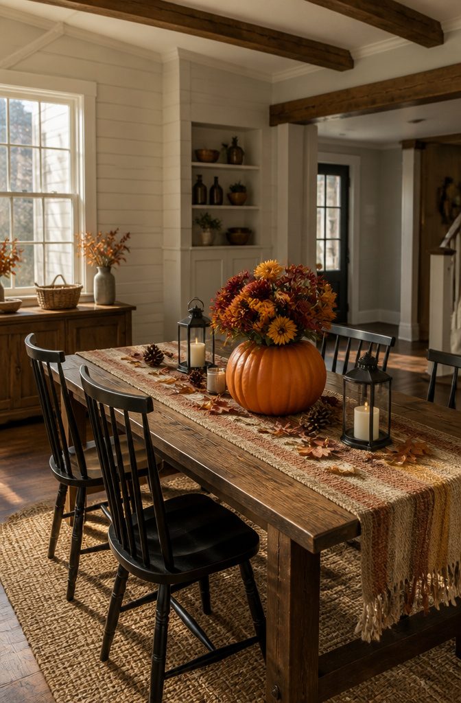 A hollowed faux pumpkin used as a vase filled with flowers.