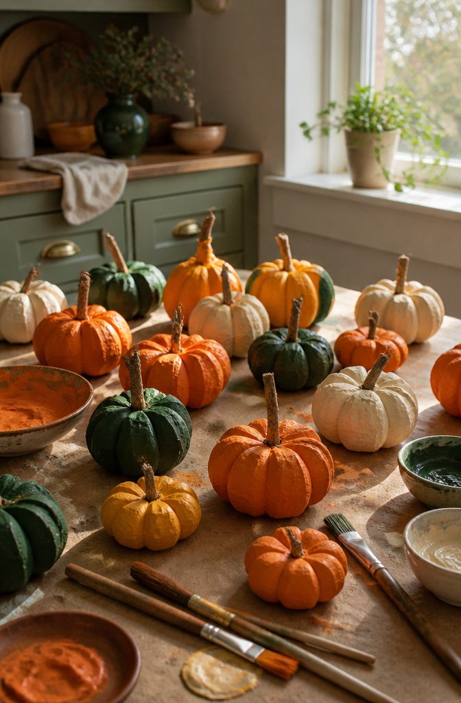 Colorful pumpkins made from cut egg carton segments with sticks.