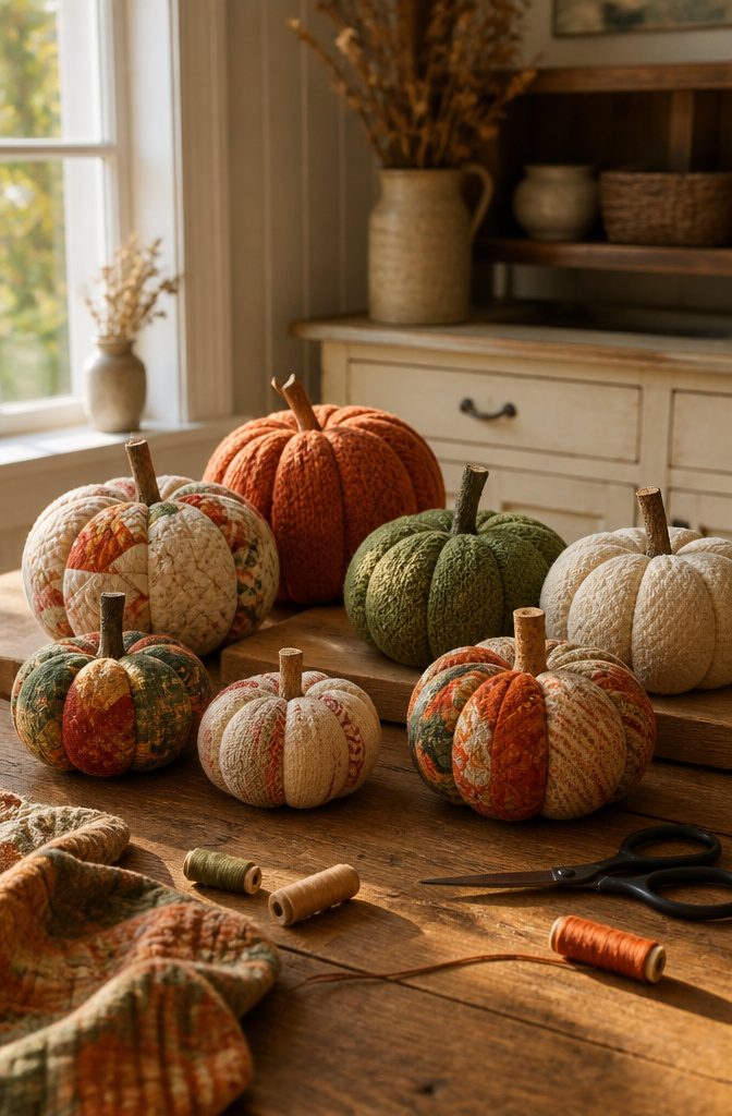 A collection of fabric pumpkins in soft hues on a wooden table.