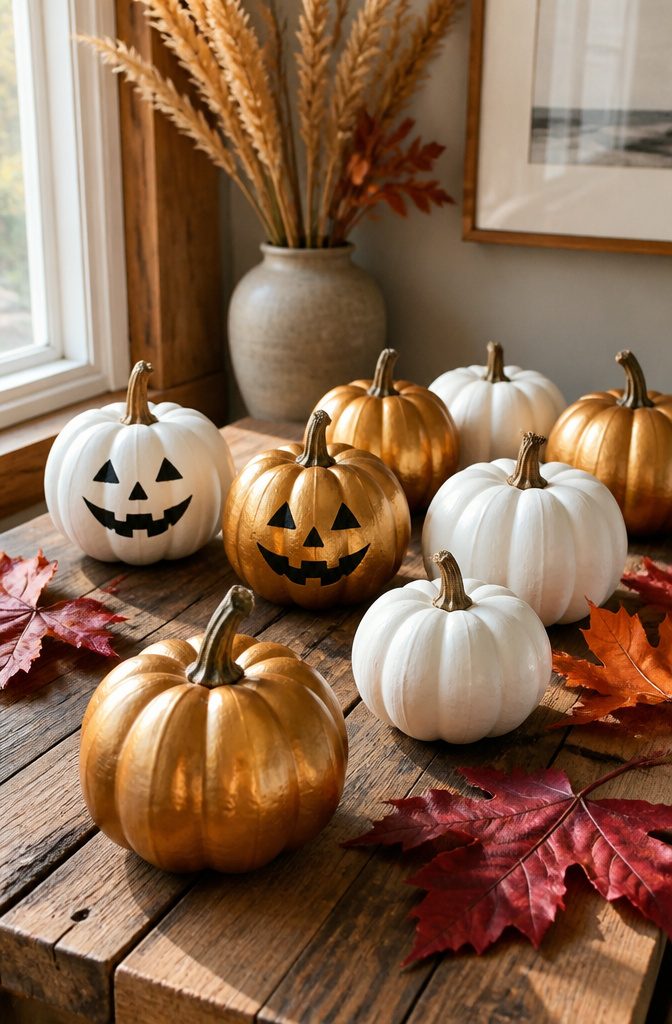 A display of foam pumpkins in various colors arranged on a table.