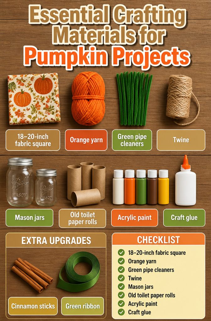 A collection of crafting supplies for making pumpkin decorations.