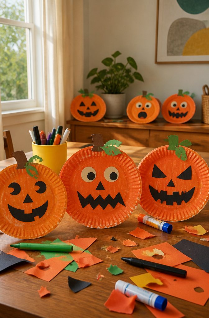 Painted paper plate pumpkins with construction paper features on a table.