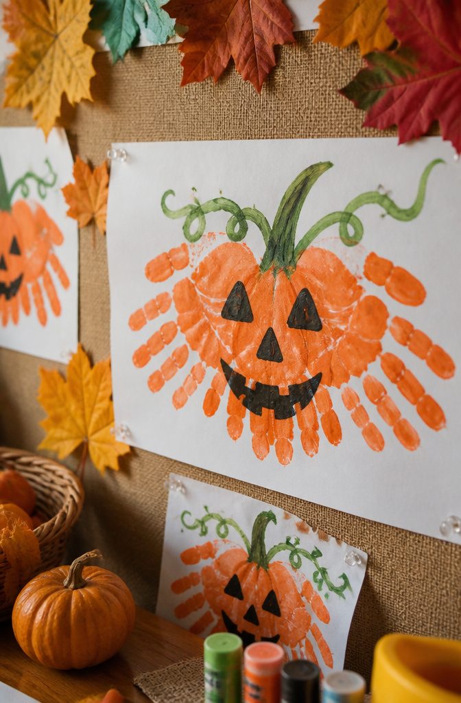 Orange handprint shaped like a pumpkin with green details.