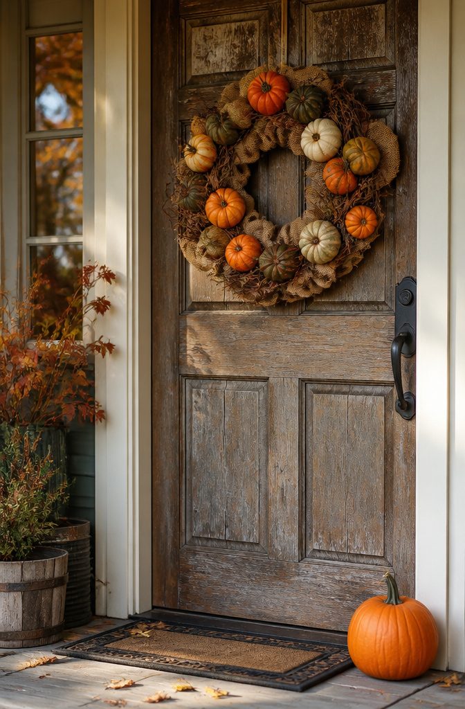 A decorative pumpkin wreath made with grapevine and craft pumpkins.