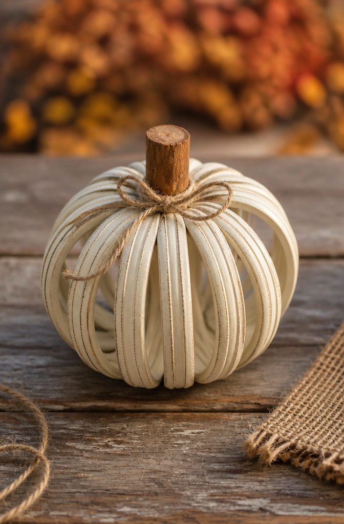 Pumpkin made from mason jar lid rings and a cinnamon stick.