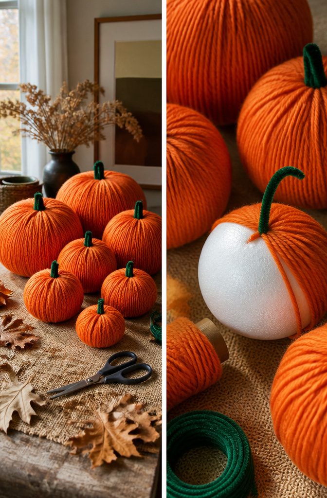 Chunky yarn wrapped around styrofoam balls in various sizes.