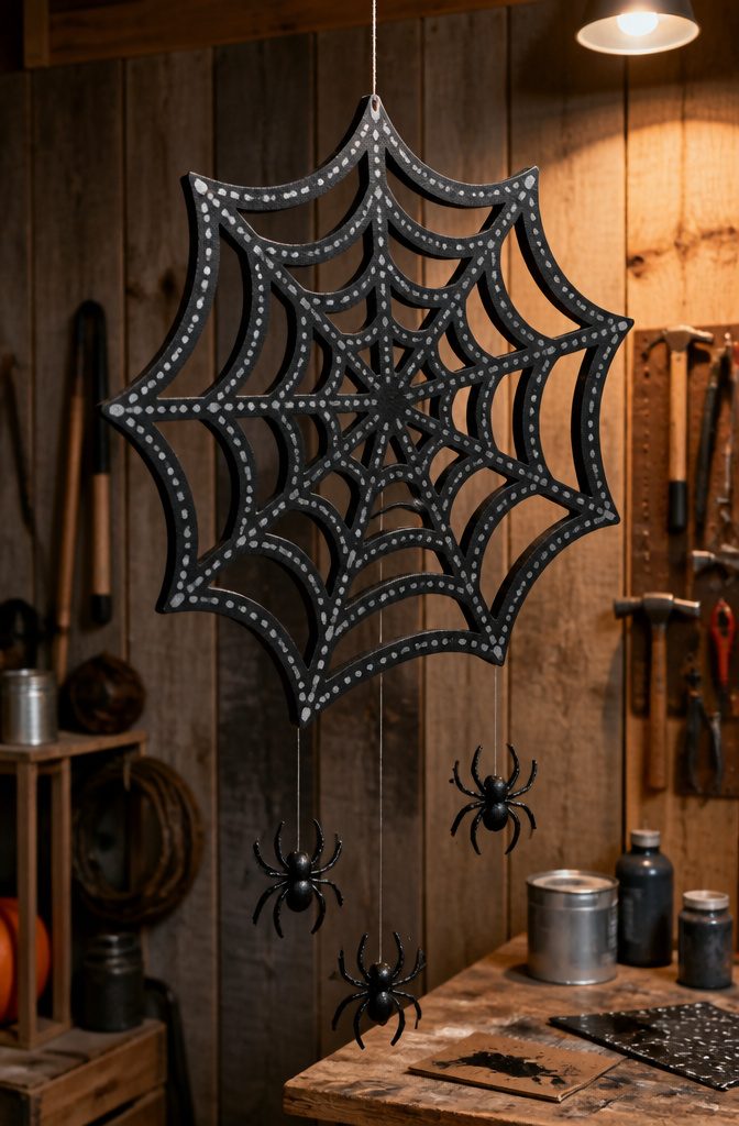 A black-painted plywood board with hanging plastic spiders.