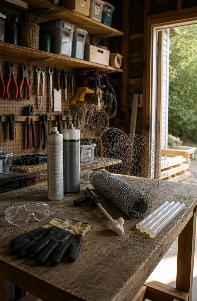 A workspace with gloves, goggles, and tools for DIY projects.