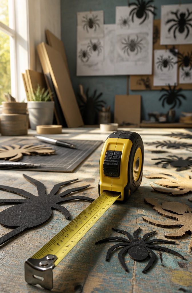 A tape measure alongside a giant spider decoration for size reference.