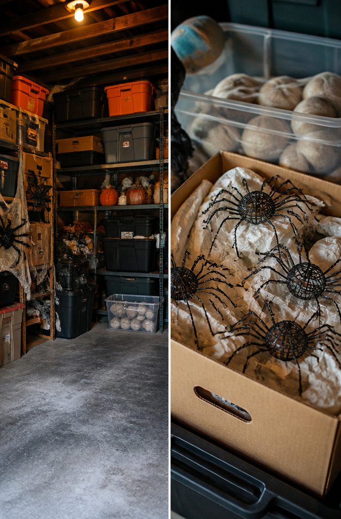 A cardboard box containing folded wire-frame spider decorations.