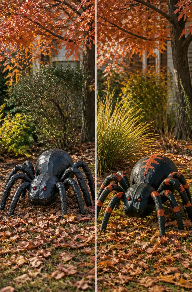 A spider decoration made with landscape fabric and wire frames.
