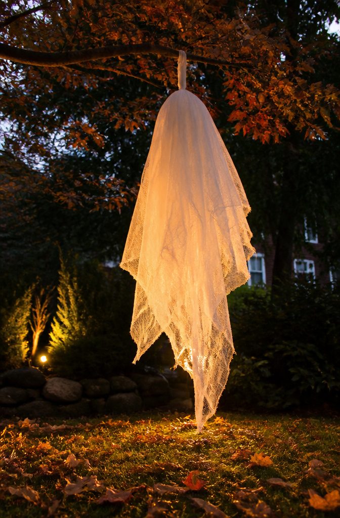 Stiffened cheesecloth ghost suspended in midair.