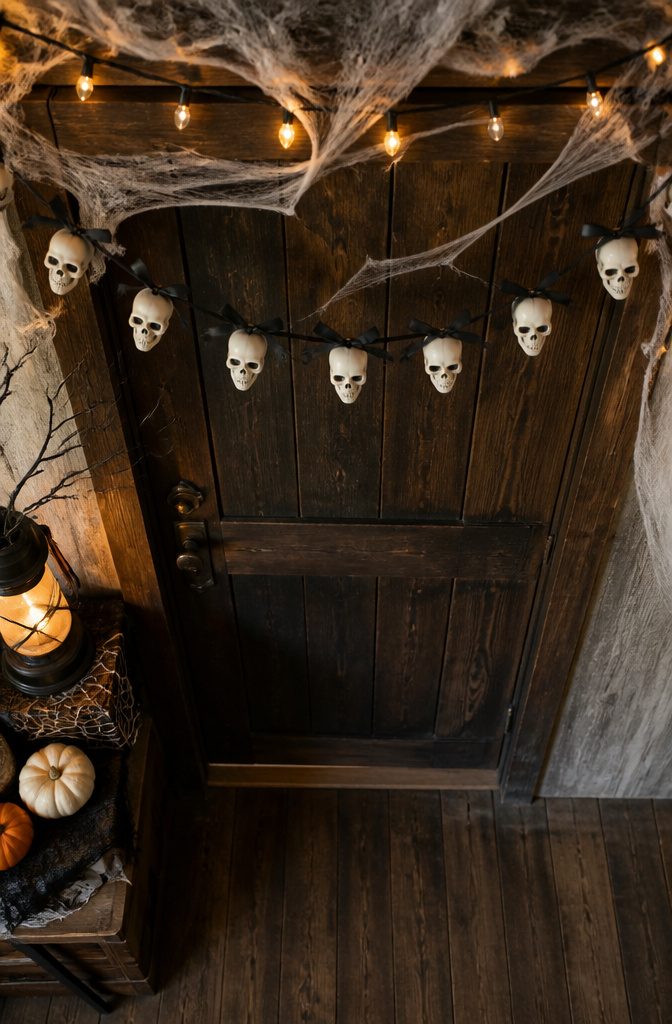 Black and white paper skulls strung together, spaced evenly.