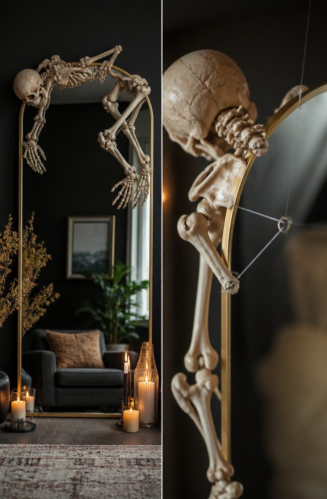 Plastic skeleton positioned around a mirror, appearing to float.
