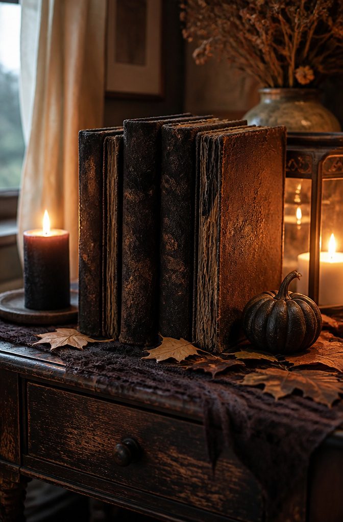 Arranged old hardcovers with dark spines and textured surfaces on a table.
