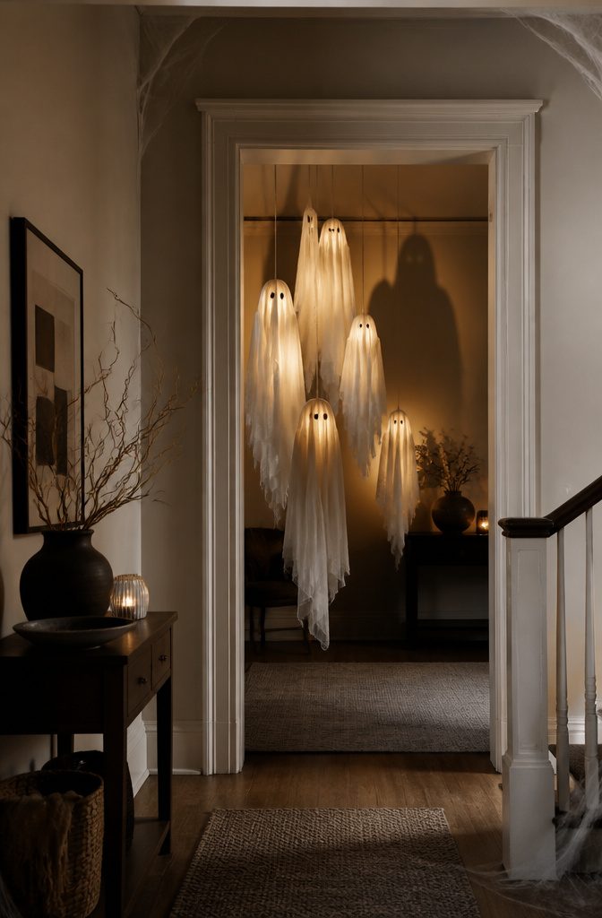 White crepe paper ghosts with faces, suspended in a doorway.