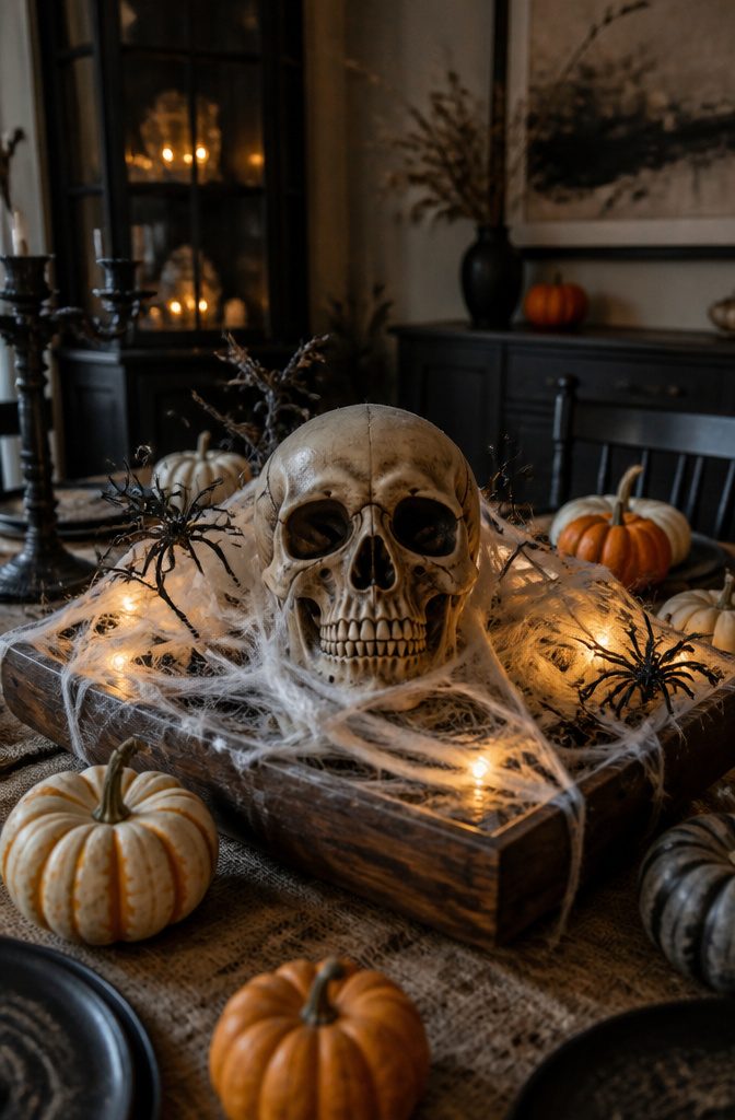 Plastic skull atop floral foam, surrounded by fake spider web.