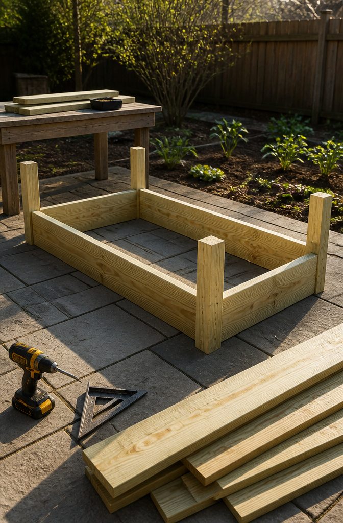 Corner posts and boards laid out for assembling a raised garden bed frame.