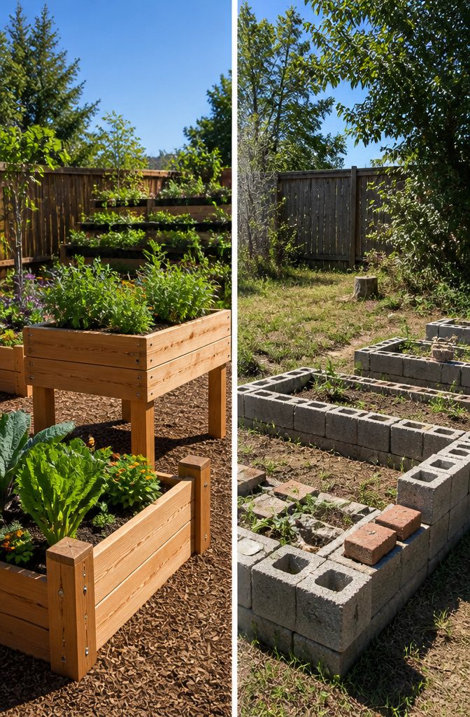 A raised garden bed showing different heights and styles for planting.