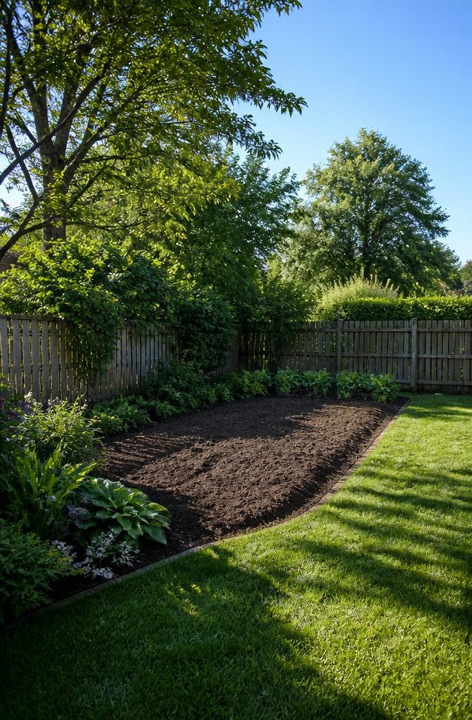 A yard with sunlight indicating a suitable location for planting.