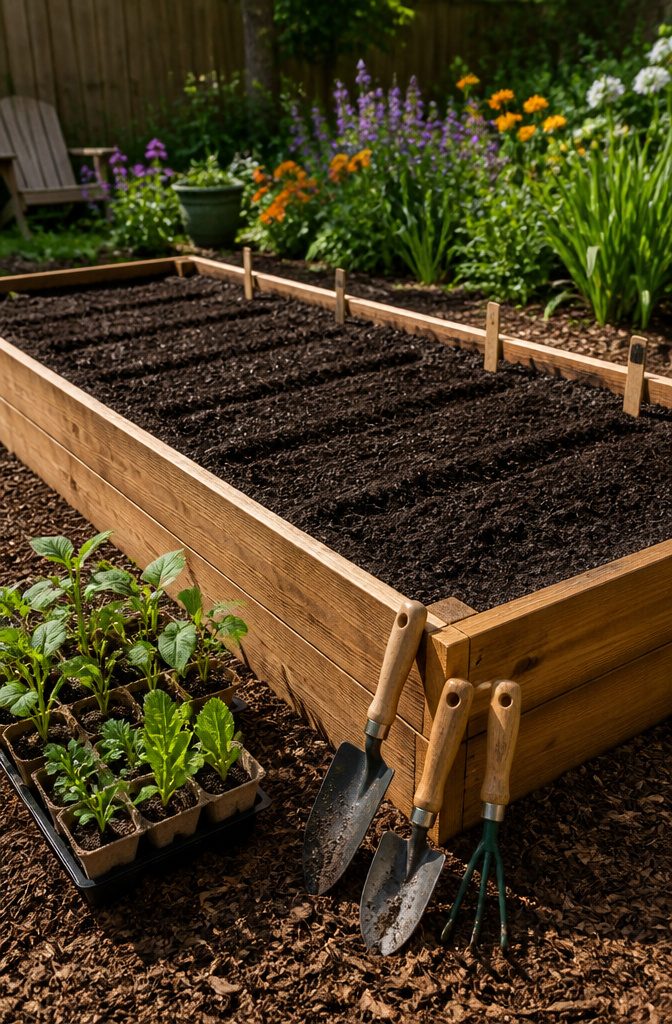 A raised garden bed with plant markers and seedlings ready for planting.