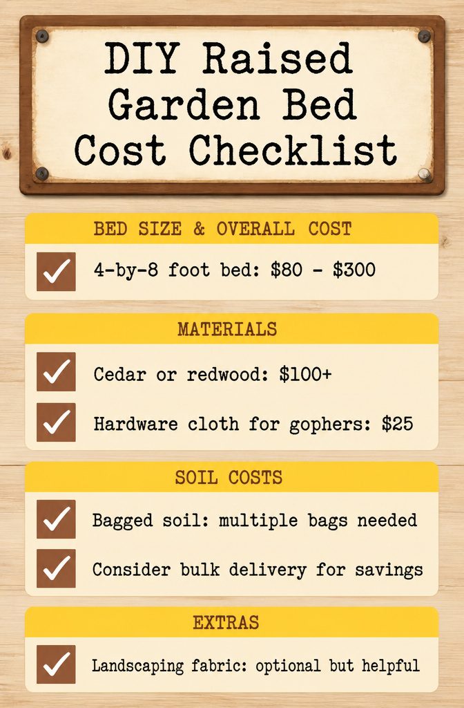 A checklist showing the costs associated with building a raised garden bed.