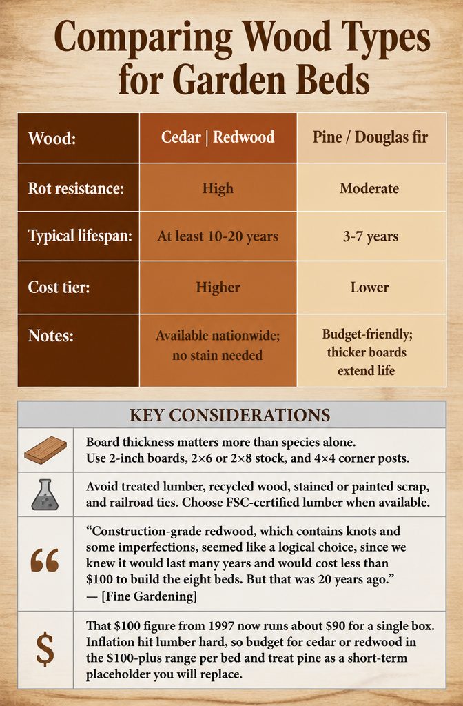 A chart comparing cedar, redwood, and pine for garden bed construction.
