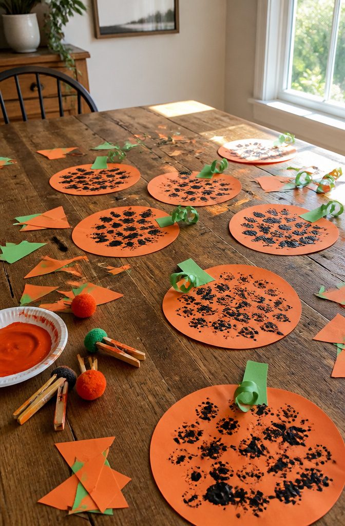 Paper pumpkins featuring letters, crafted with pom-poms and clothespins.