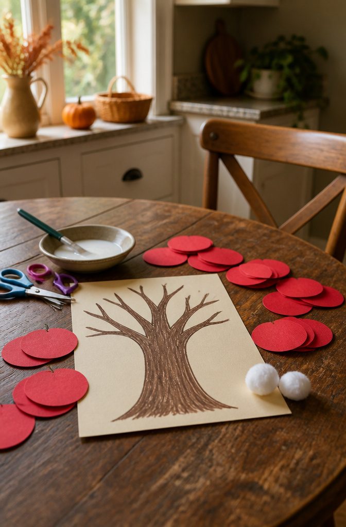 Apple tree craft with red construction paper circles on a wooden table.