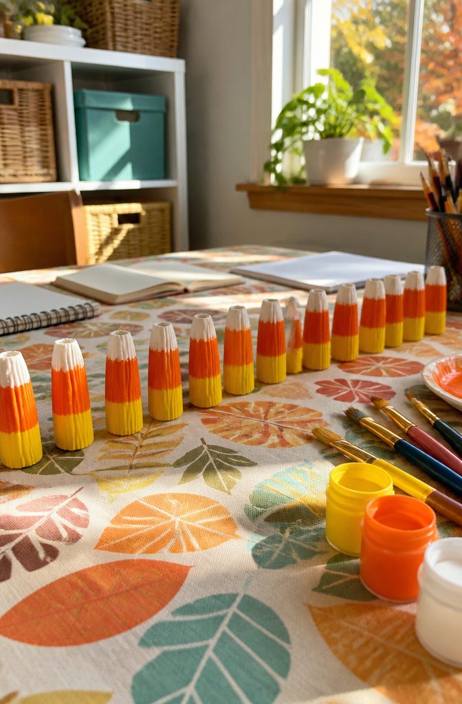 Candy corn crafts made from painted rigatoni noodles on a table.